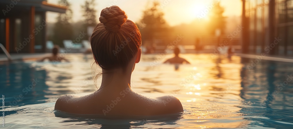 Indoor pool scene with woman swimming and others enjoying water aerobics under golden hour sunlight through large windows — wellness and fitness concept Indoor pool scene with woman swimming and others enjoying water aerobics under golden hour sunlight through large windows — wellness and fitness concept