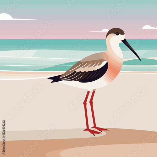 Coastal Bird Illustration-Elegant Black-Necked Stilt on Sandy Beach-Pastel Sky and Ocean Backdrop-Wildlife Art Print-Minimalist Nature Design-Shorebird Artwork