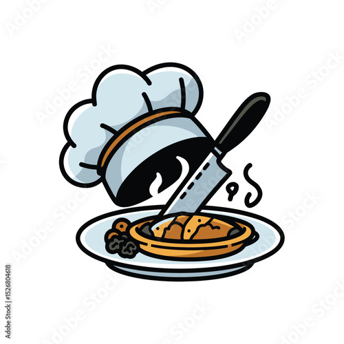 vector icons cooking food chef hat include a pizza slice, a sushi roll, spaghetti and meatballs, a curry bowl burger , fish 

