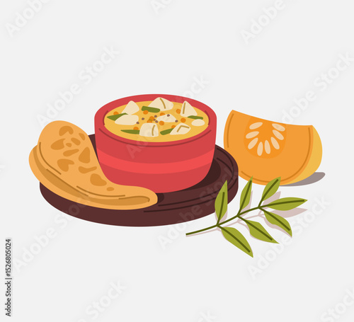 Parangikai Paal Kootu with Roti and Curry Leaves