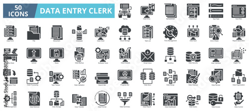 Data entry clerk icon collection set. Containing data, file, document, database, chart, cloud storage, task list, time management icon. Simple glyph vector