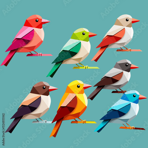 Colorful Geometric Bird Art- Whimsical Origami Birds Illustration- Modern Paper Craft Bird Collection- Artistic Bird Decor- Bright Bird Paper Sculptures