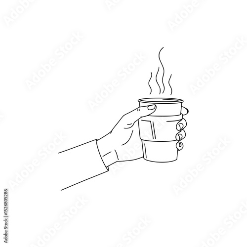 Person with reusable mug holding steaming cup in hand  