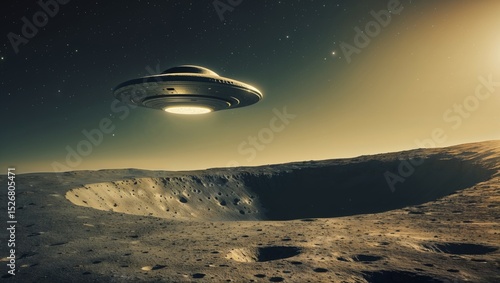 A ufo hovers above a cratered lunar landscape under a starry night sky.