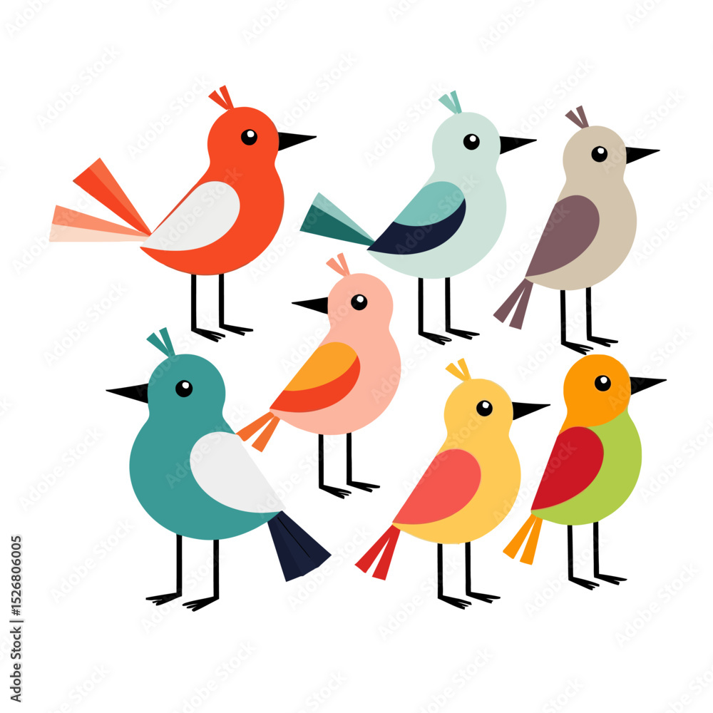 Fototapeta premium Cute Colorful Cartoon Birds Illustration- Whimsical Bird Art- Ideal for Children's Designs- Playful and Vibrant Bird Clipart- Perfect for Nursery Decor Projects