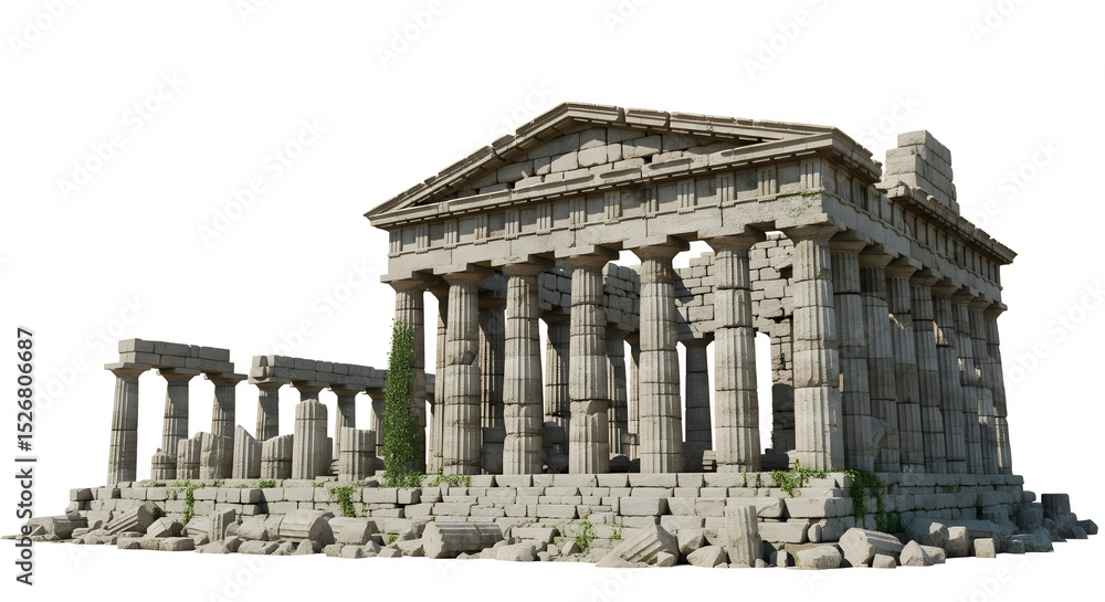 Fototapeta premium Majestic ancient Greek temple ruins with imposing columns and a crumbling pediment, on a transparent background
