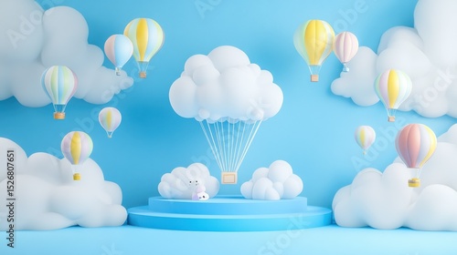 Background podium baby cute product 3d cloud kid children display banner room toy design blue. Podium scene boy background rainbow baby stand studio presentation shower template sale stage poster sky