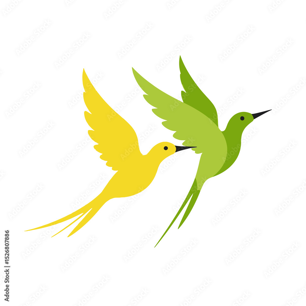Obraz premium Two Hummingbirds in Flight - Green Bird and Yellow Bird Flying Together - Colorful Bird Illustration- Nature Art