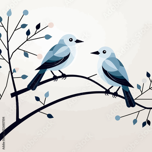 Two Cute Blue Birds on a Branch-Whimsical Bird Art Illustration-Geometric Bird Design-Nature Inspired Artwork-Perfect for Home Decor and Wall Art