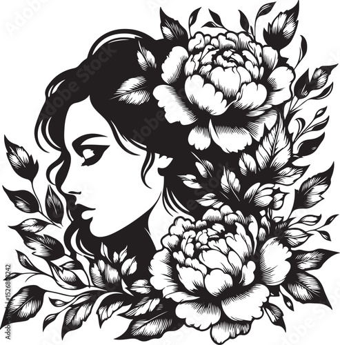 Womans Profile Silhouette with Peonies and Leafy Vines  Tattoo Style Art new 2025 trendy unique