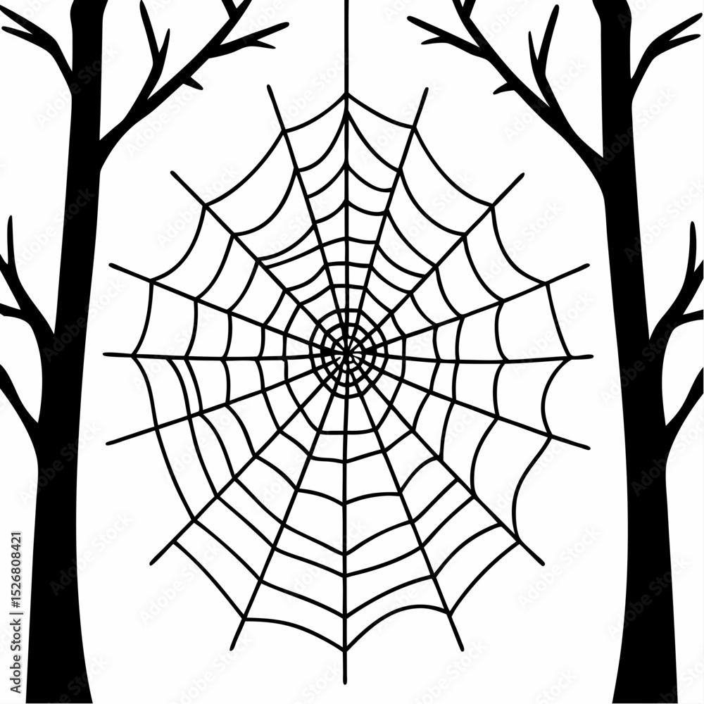 Fototapeta premium Spooky Spiderweb Halloween Illustration Silhouette Design with Bare Trees