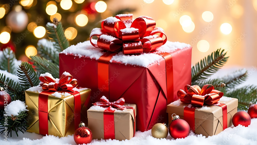 Festive Christmas Gifts Wrapped in Red and Gold, Snow-Covered Presents Festive Christmas Gifts Wrapped in Red and Gold, Snow-Covered Presents