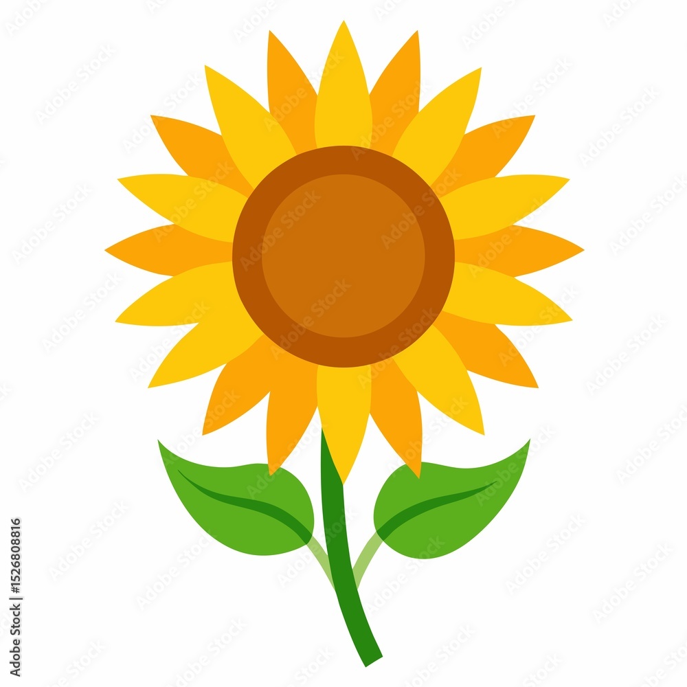 Fototapeta premium Simple Sunflower Illustration with Yellow Petals Brown Center Green Stem and Leaves on a White Background