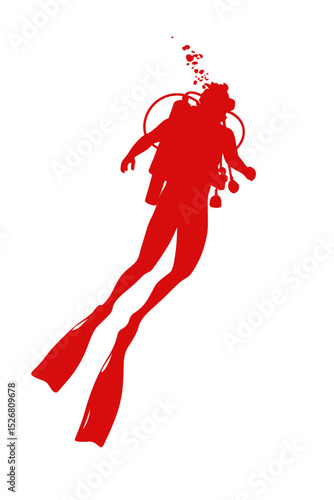 Red silhouette of a scuba diver in action