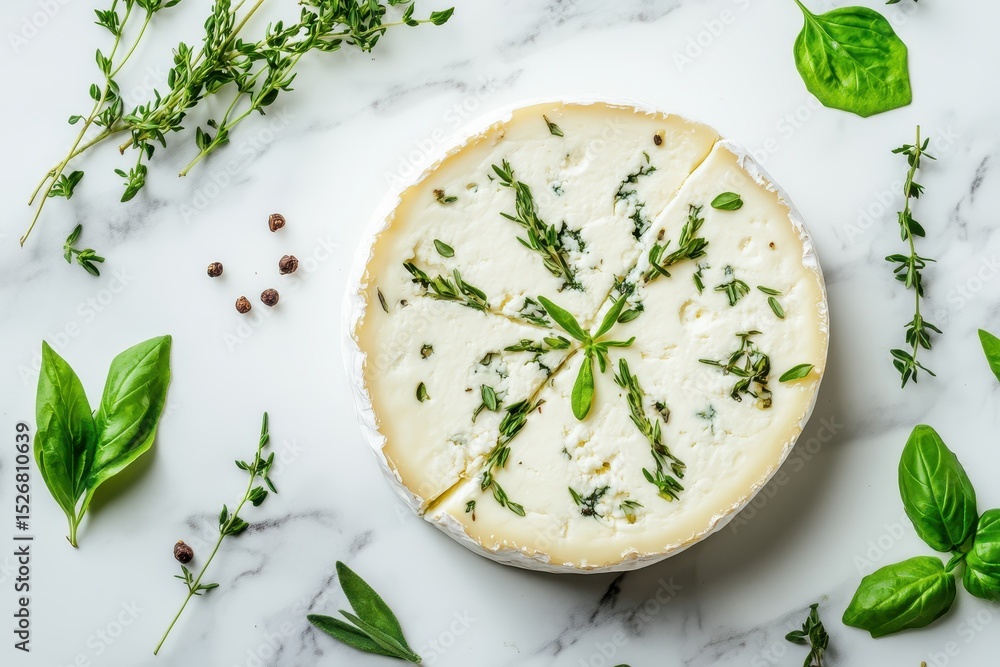 Delicious wheel of white cheese with fresh herbs on a marble surface, Wheel of white cheese with herbs on marble background Delicious wheel of white cheese with fresh herbs on a marble surface, Wheel of white cheese with herbs on marble background