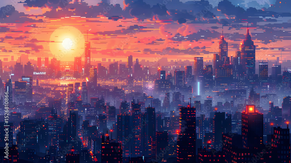 Obraz premium Pixel Art City Sunset Skyline