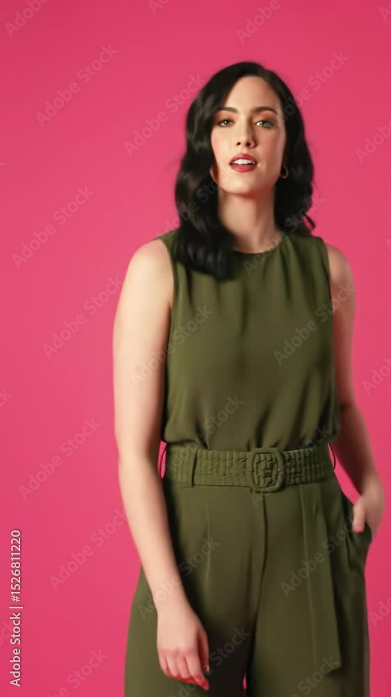 young adult caucasian woman with dark wavy hair in olive green jumpsuit models confidently in a studio with vibrant hot pink background and shallow depth of field, commercial beauty and fashion young adult caucasian woman with dark wavy hair in olive green jumpsuit models confidently in a studio with vibrant hot pink background and shallow depth of field, commercial beauty and fashion