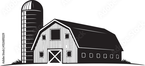 Barn Silhouette with Silo Roof Art Design, Perfect for Farmhouse Rural Decor and Agricultural Structure Illustration