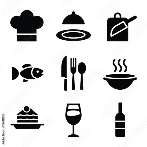 vector icons cooking food chef hat include a pizza slice, a sushi roll, spaghetti and meatballs, a curry bowl burger , fish 
