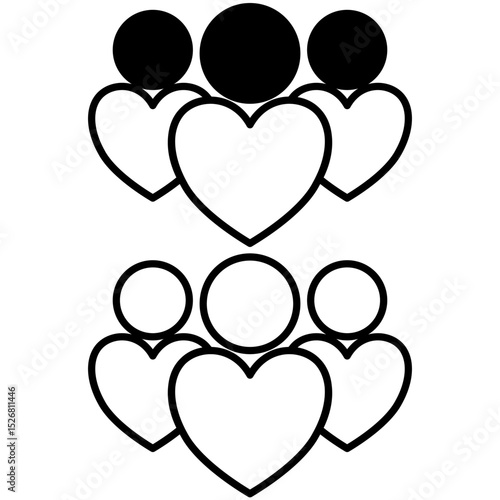 Three outlined person icons with hearts, symbolizing friendship, love, support, and positive relationships. Ideal for concepts of community, partnership, or emotional bonds