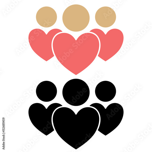 Three outlined person icons with hearts, symbolizing friendship, love, support, and positive relationships. Ideal for concepts of community, partnership, or emotional bonds