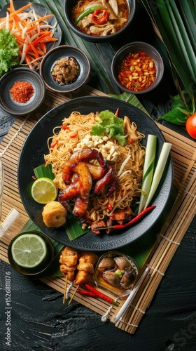 Delicious asian noodle dish with chicken tropical setting food photography
