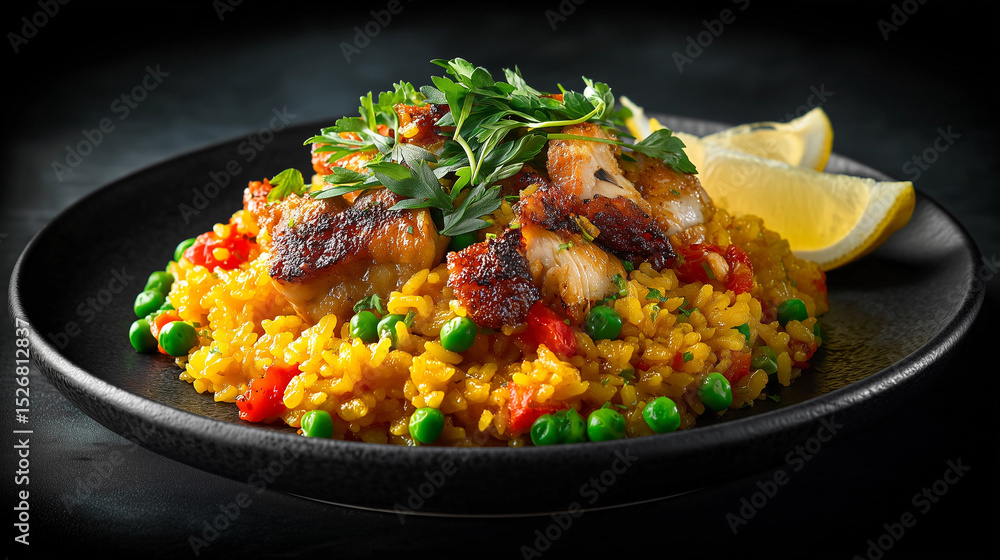 Fototapeta premium chicken Paella on dark black plate