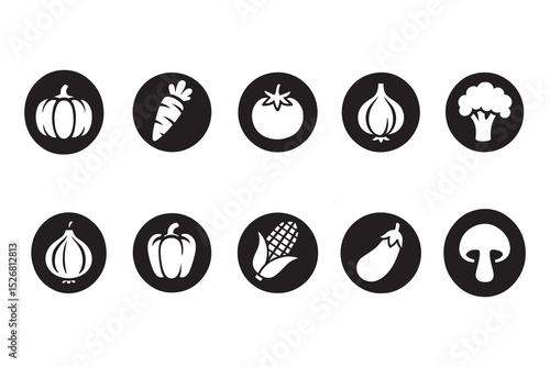 Vegetable icon set in negative space, vector collection of round organic produce and healthy food symbols