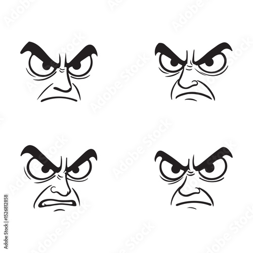 Set of angry cartoon faces, mad comic character expressions, grumpy emotion mascot vector illustration