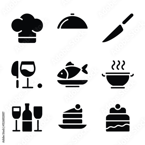 vector icons cooking food chef hat include a pizza slice, a sushi roll, spaghetti and meatballs, a curry bowl burger , fish 
