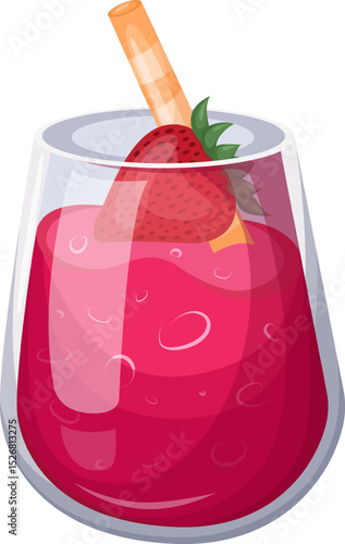 Strawberry juice vector illustration in glass with straw and fruit
