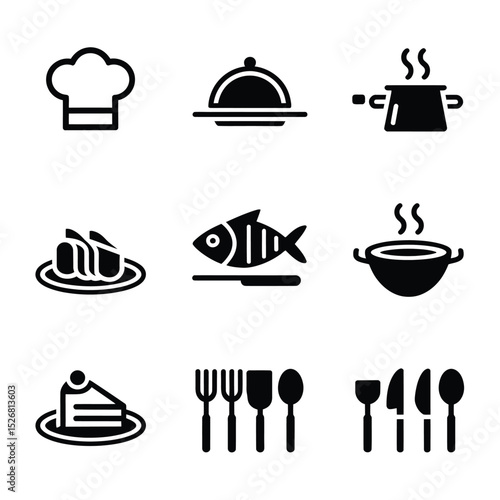 vector icons cooking food chef hat include a pizza slice, a sushi roll, spaghetti and meatballs, a curry bowl burger , fish 
