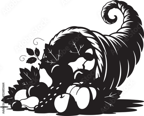 Cornucopia Silhouette with Fruit Harvest Art Design, Perfect for Autumn Feast Decor and Thanksgiving Bounty Illustration Theme