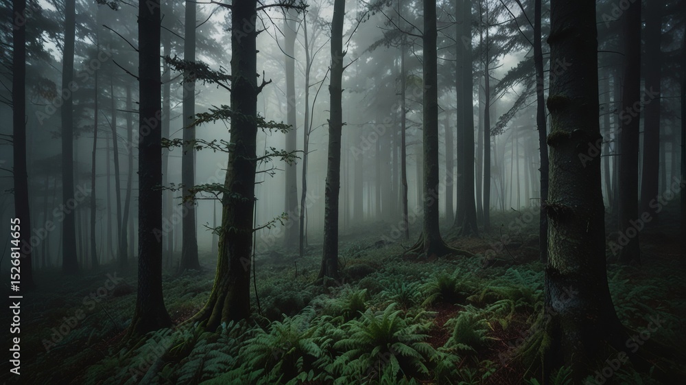 Fototapeta premium Misty Forest Scene with Tall Trees and Lush Green Ferns Creating a Mysterious Natural Atmosphere
