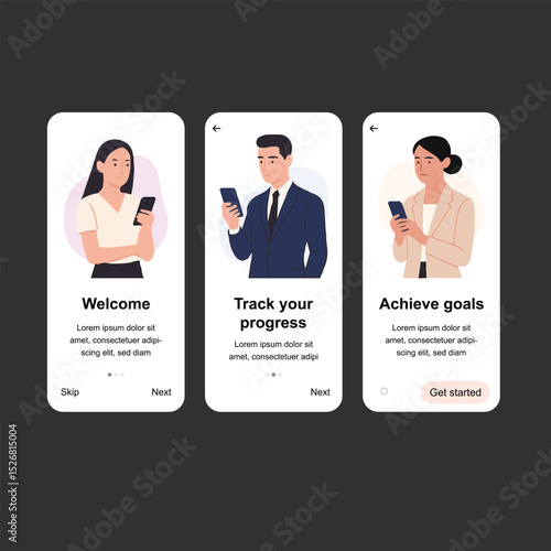 Mobile App Onboarding Screens with Flat Characters and Minimal UI Design