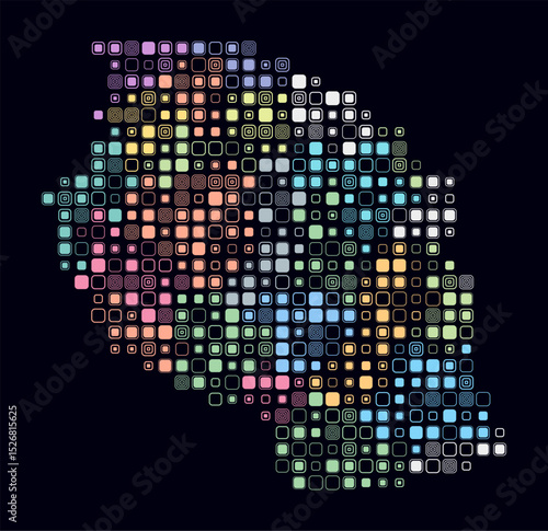 Tanzania, shape of the country built of colored cells. Digital style map of Tanzania on dark background. Large size rounded square blocks. Beautiful vector illustration.