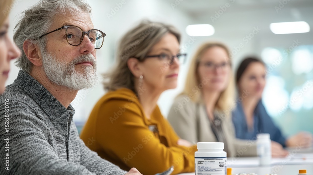 Fototapeta premium Attentive senior man in a group meeting healthcare focus