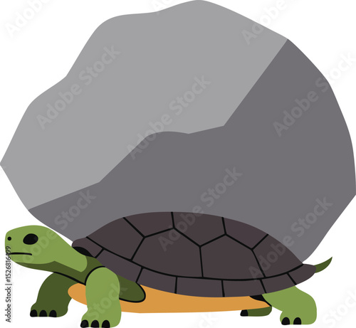 Turtle carrying large heavy rock on back vector illustration in simple flat style 
