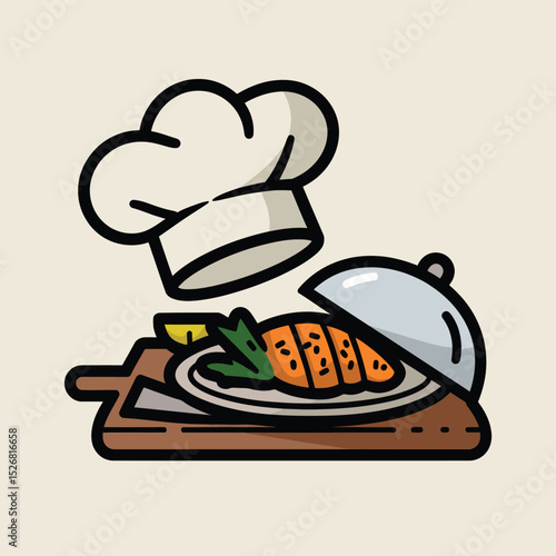 vector icons cooking food chef hat include a pizza slice, a sushi roll, spaghetti and meatballs, a curry bowl burger , fish 
