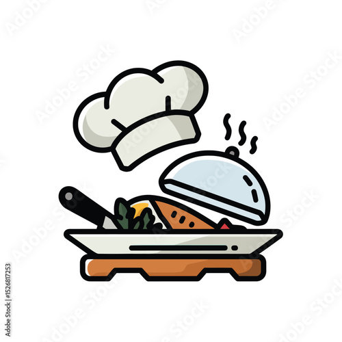 vector icons cooking food chef hat include a pizza slice, a sushi roll, spaghetti and meatballs, a curry bowl burger , fish 
