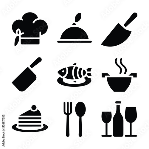 vector icons cooking food chef hat include a pizza slice, a sushi roll, spaghetti and meatballs, a curry bowl burger , fish 
