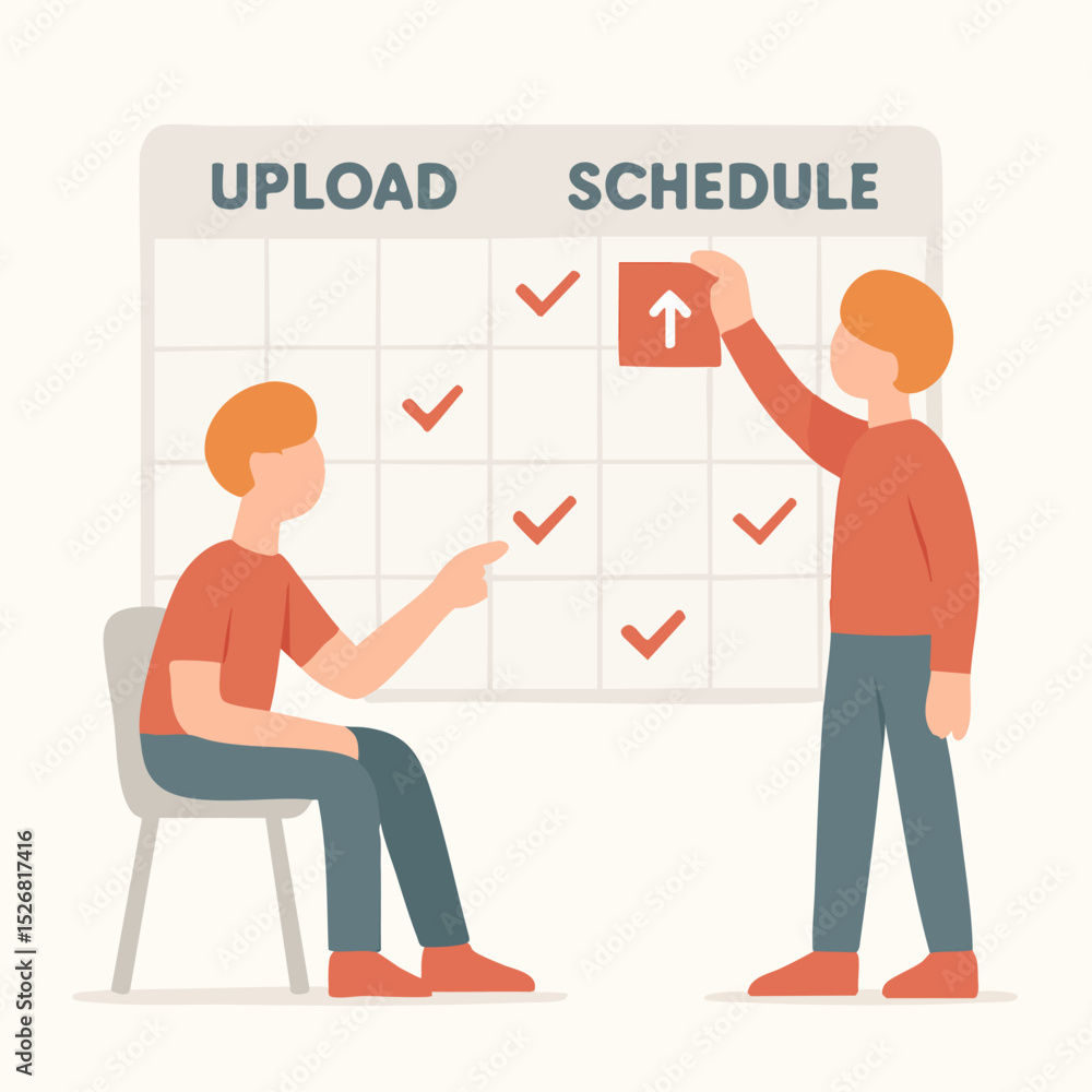 Obraz premium Flat Illustration of Two People Planning an Upload Schedule Calendar