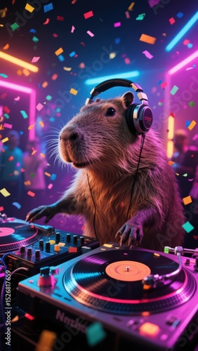 A capybara DJ with headphones mixes music on turntables at a lively party filled with colorful confetti and neon lights creating a fun and vibrant atmosphere