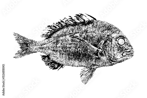 Black imprint of kurodai fish isolated for easy integration