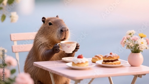 A charming capybara enjoys afternoon tea with delicate pastries, sitting at a quaint pink table with floral accents against a soft pastel backdrop .