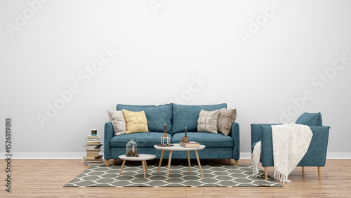 In a cozy living room, there is a blue couch, a chair, and a rug