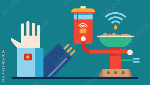 An innovative feeder that uses hand gesture recognition to dispense feed reducing the need for manual labor and increasing efficiency.. Vector illustration