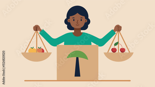 A cardboard out of a person holding a scale with equal portions of food on each side and the message Rationing for equality promoting fairness in food distribution. Vector illustration