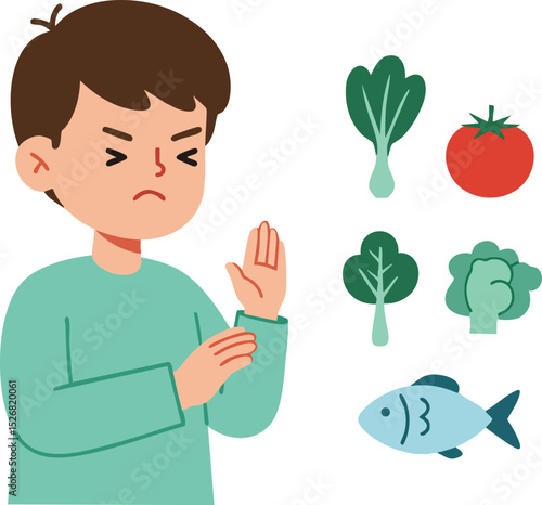 Child refusing to eat vegetables and fish showing dislike for healthy food choices in a flat vector illustration