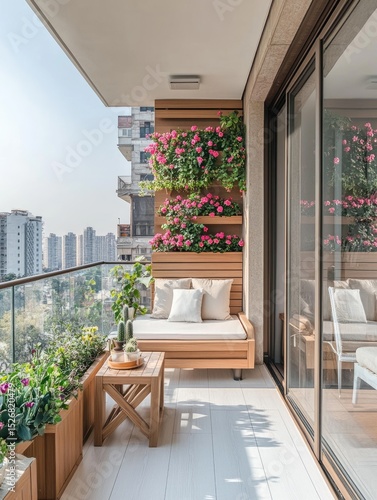 Modern balcony with vertical garden and seating